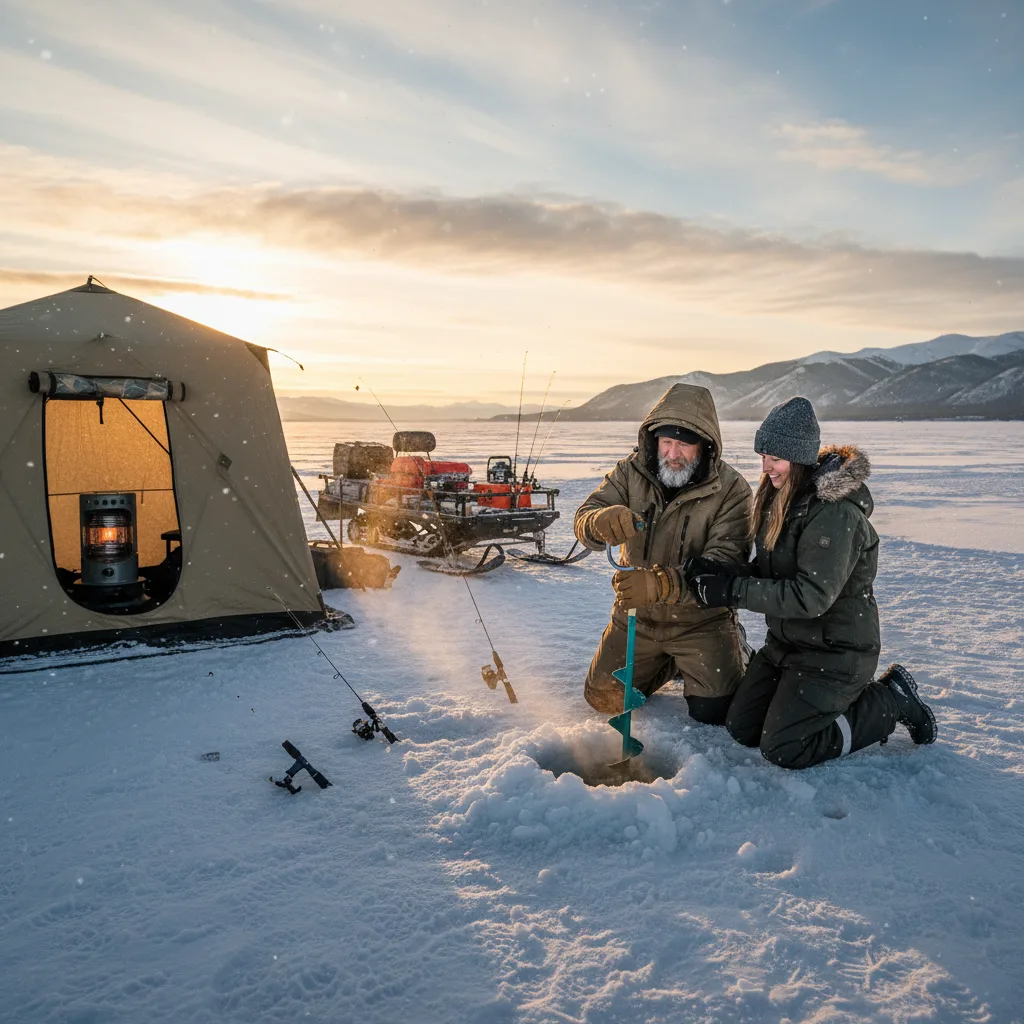 Ação durante tour de ice fishing: guia e hóspede juntos pescando no lago coberto de gelo