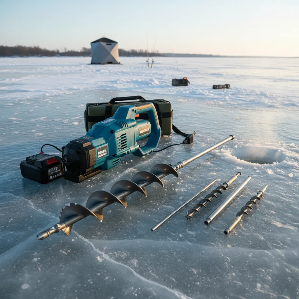 Broca de ice fishing pronta para perfurar o gelo.