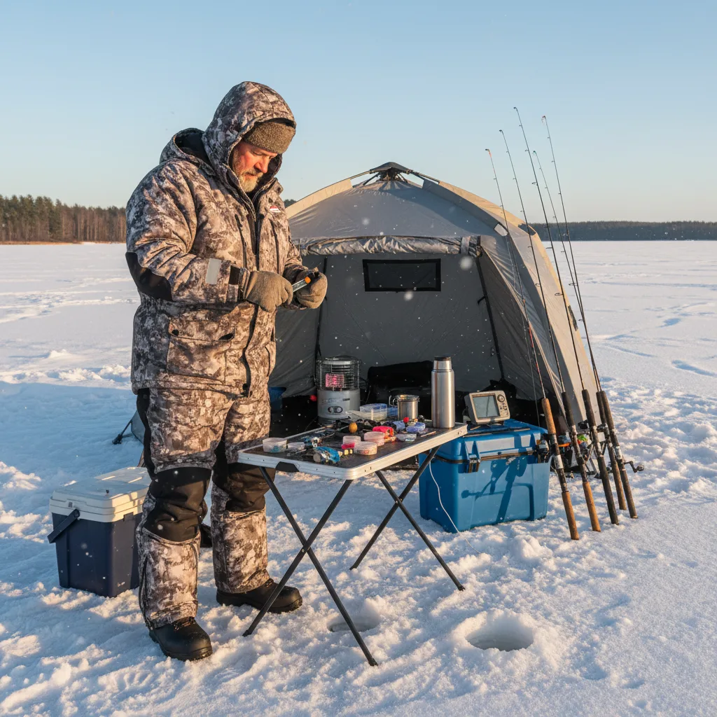 Treinador de ice fishing preparando equipamentos no local