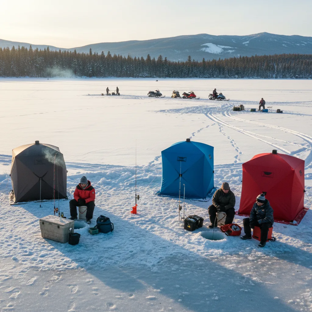 Grupo realizando ice fishing em ambiente natural, clima claro e equipamentos modernos.