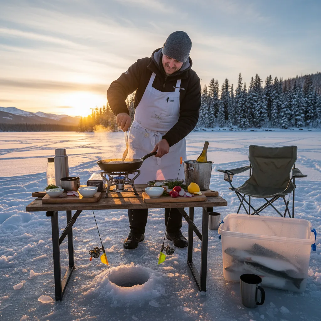 Almoço gourmet servido sobre o gelo durante experiência de ice fishing