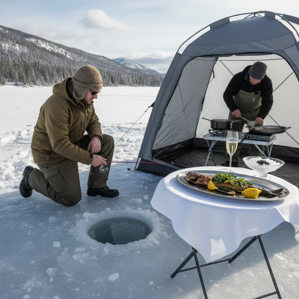 Refeição gourmet servida no gelo durante tour de ice fishing
