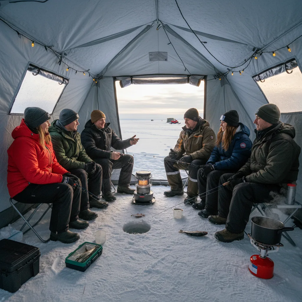 Grupo confortável em barraca de ice fishing.