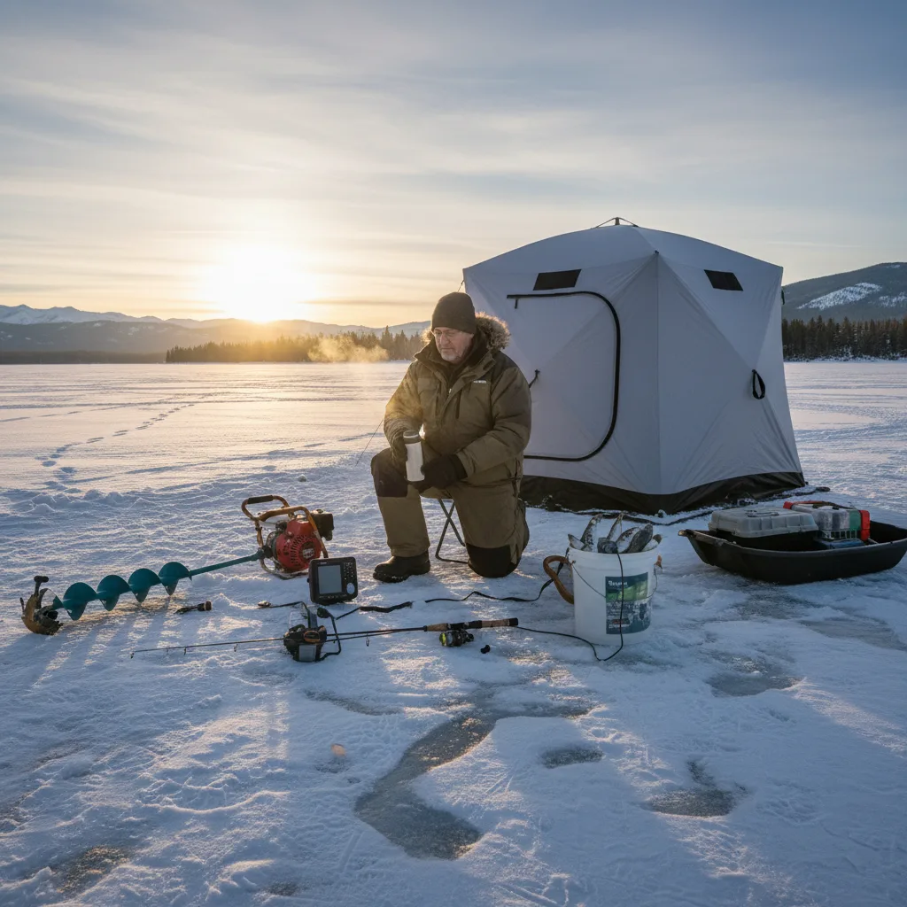 Guia organizando equipamentos de ice fishing.
