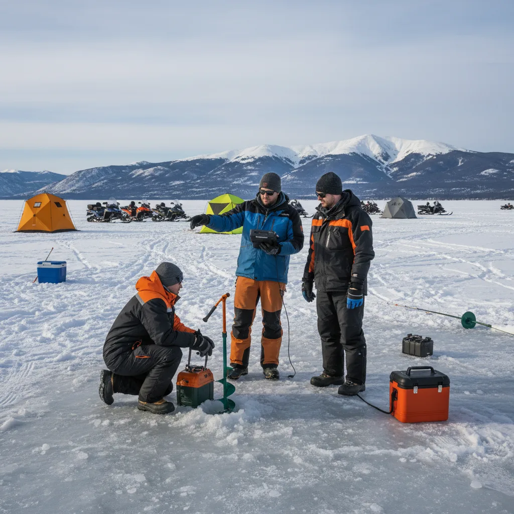 Guias de ice fishing colaborando na montagem do abrigo aquecido no local de pesca