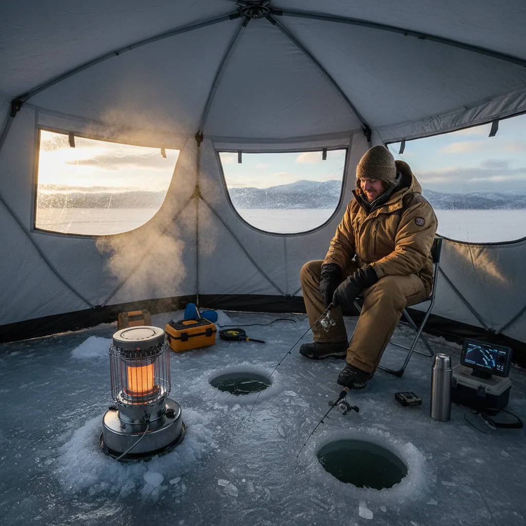 Interior de abrigo aquecido durante um tour de ice fishing