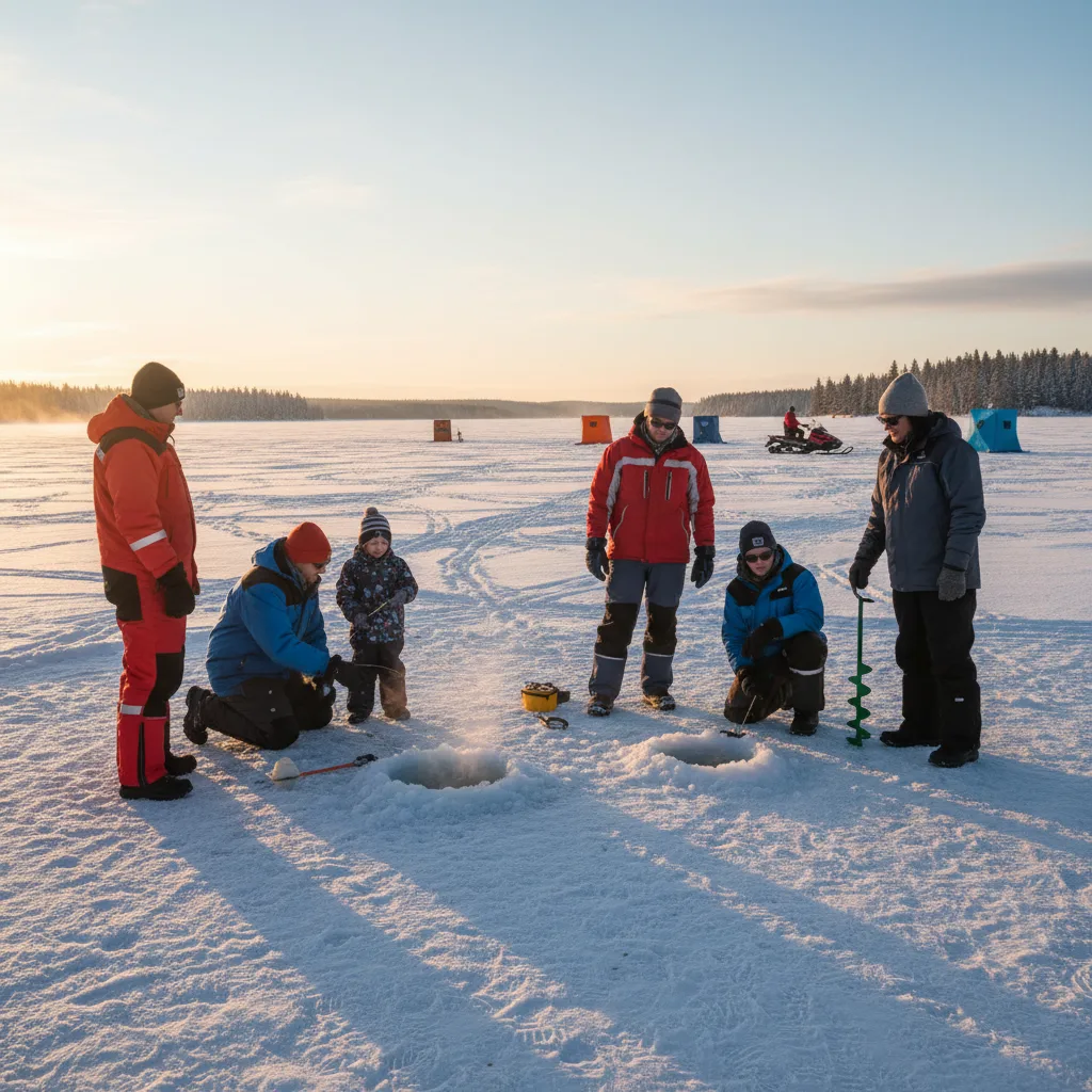 Instrutores orientando visitantes em técnicas de ice fishing sobre o gelo