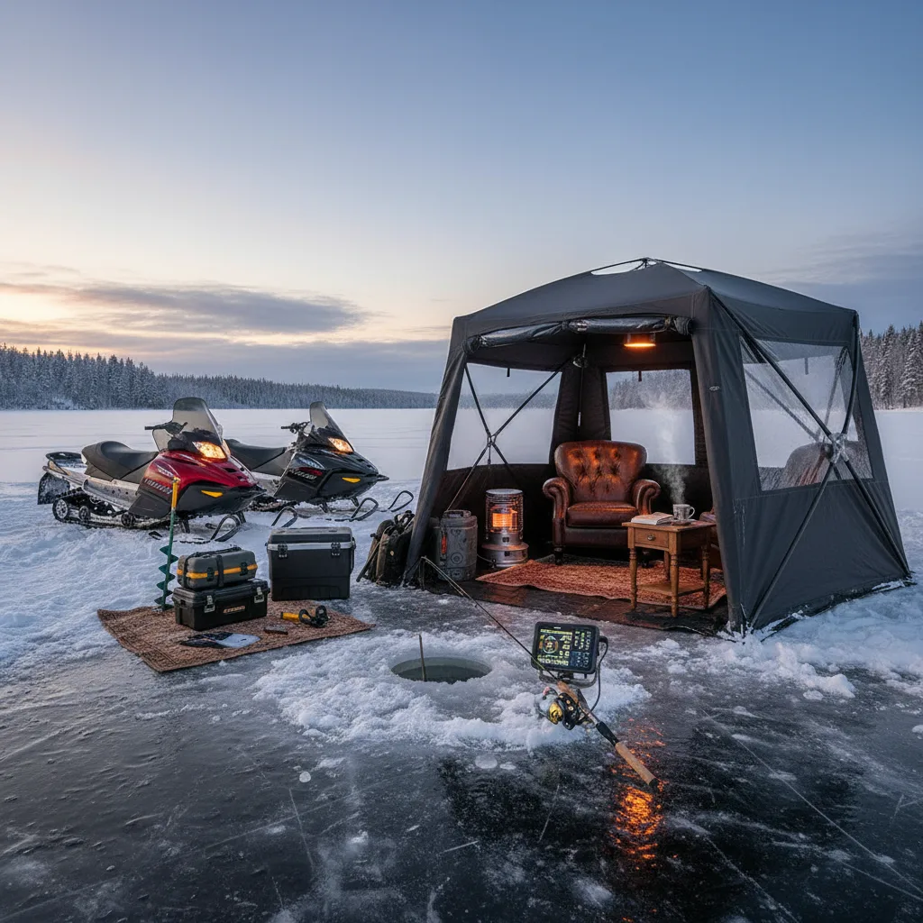 Setup de luxo para ice fishing: tenda aquecida sobre o gelo