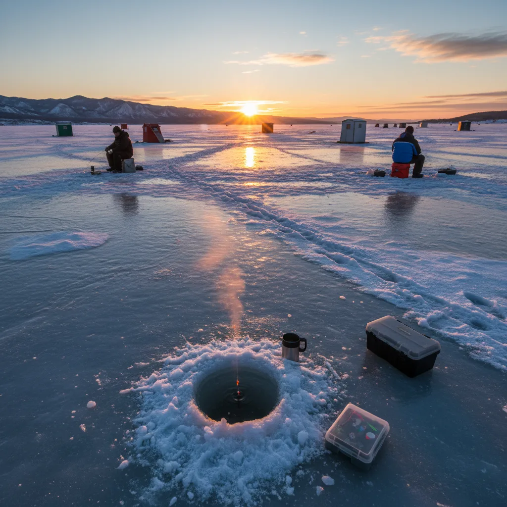 Paisagem de nascer do sol sobre lago congelado com pescadores